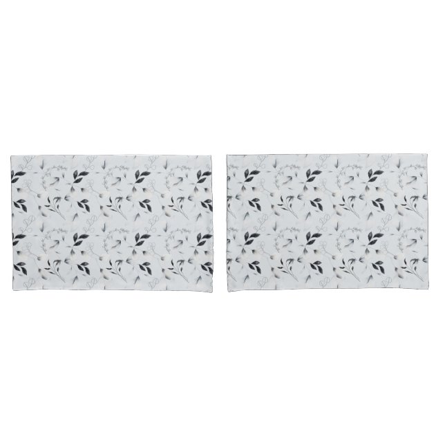 Funda De Cojín Blanco Negro Plateado Gris Flores Hojas  (Anverso - Set)