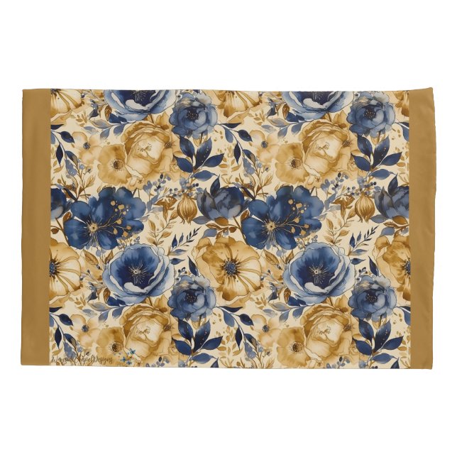 Funda De Cojín Blue Gold y Tan Floral Standard Pillowcase (Reverso)
