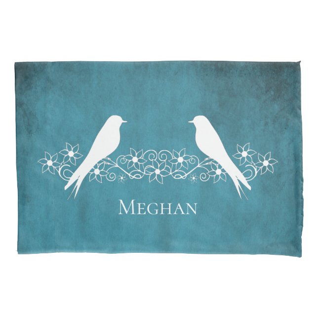 Funda De Cojín Blue Lovebirds Vino Floral Pillowcase (Anverso)