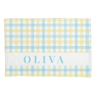 Funda De Cojín Blue Yellow Plaid Custom Name