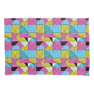 Funda De Cojín Boho Faux Patchwork Quilt Pink Yellow Blue