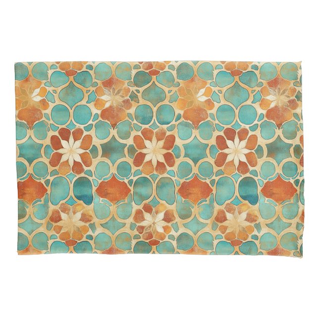Funda De Cojín Boho Marroquí Turquesa y Terracotta Floral (Anverso)