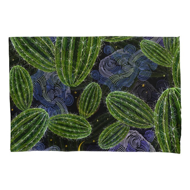 Funda De Cojín Bordados Mexicanos: La Noche de Cactus Seamless. (Anverso)