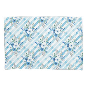 Funda De Cojín Botánico Floral Raya Azul Blanco Acuarela