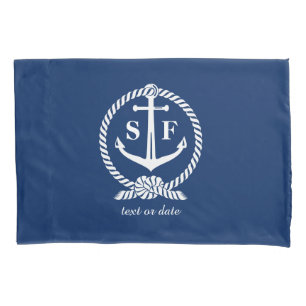 Funda De Cojín Bote de playa de Ancla Azul Nautical Monograma Clá