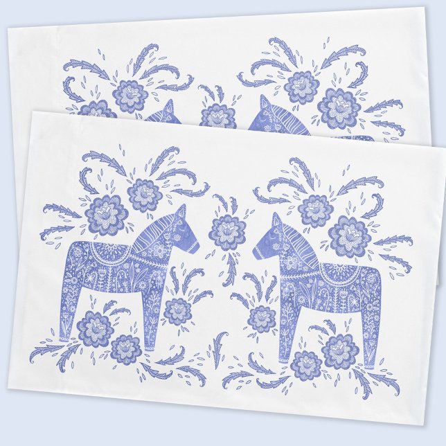 Funda De Cojín Caballo de dala sueco azul índigo y blanco (Swedish Dala Horse folk art blue and white pillow cases)