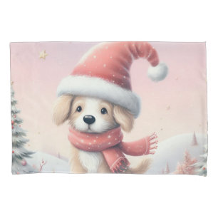 Funda De Cojín Cachorro de Navidad lindo con sombrero de santa