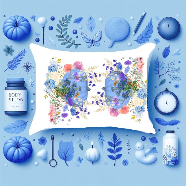 Funda De Cojín Calabaza de otoño Pastel Azul Floral Botánica Azul (Autumn Fall Pumpkin Pastel Blue Botanical Floral Pillow Case)