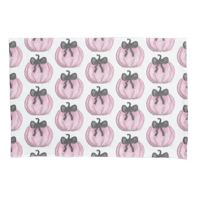 Funda De Cojín Calabaza rosa con arco negro (Anverso)
