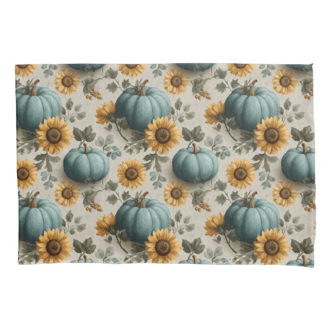Funda De Cojín Calabazas verde azuladas y girasoles dorados (Anverso)