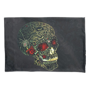 Funda De Cojín Calavera de Araña Joyada y Rosas Glam Filigrana Gó