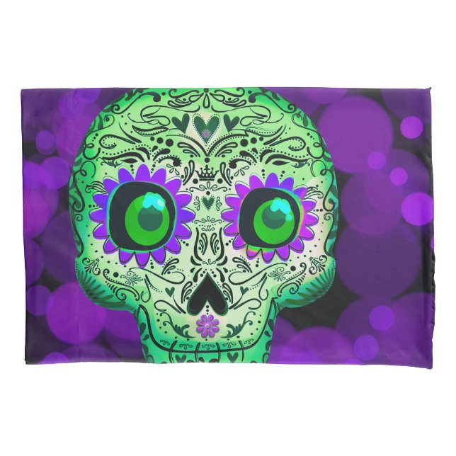 Funda De Cojín Calavera de azúcar iluminada verde y morada de Hal (Anverso)