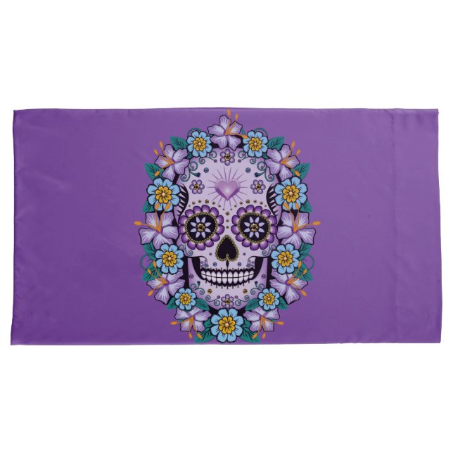 Funda De Cojín Calavera de azúcar morado con flores (Anverso-Derecho)