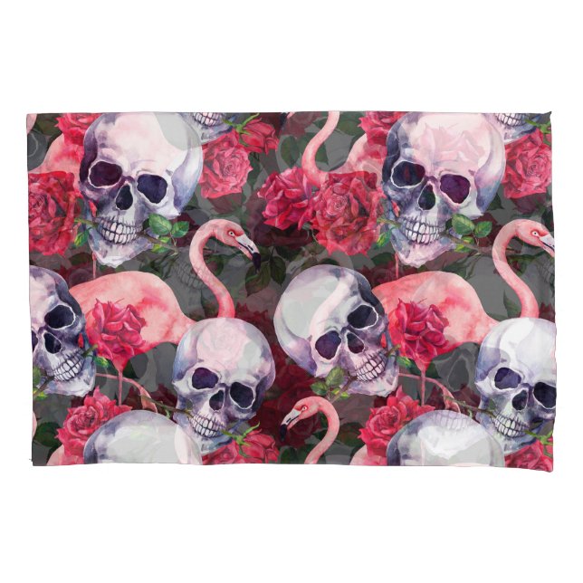 Funda De Cojín Calavera floral, flamingo sin costuras. (Anverso)