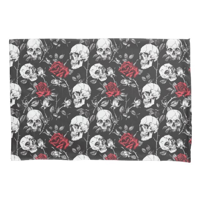 Funda De Cojín Calaveras góticas y Rosas Camas (Anverso)