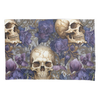 Funda De Cojín Calaveras y Rosas Moradas – Arte Gótico Elegante