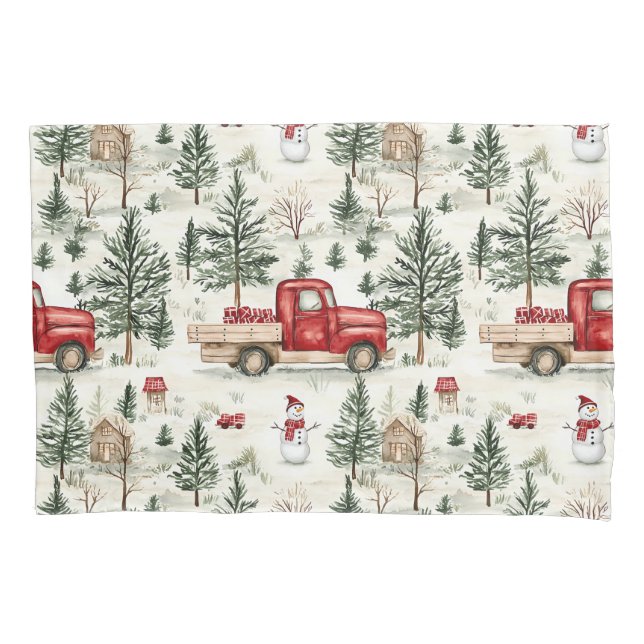 Funda De Cojín Camión rojo con regalos y muñeco de nieve (Anverso)