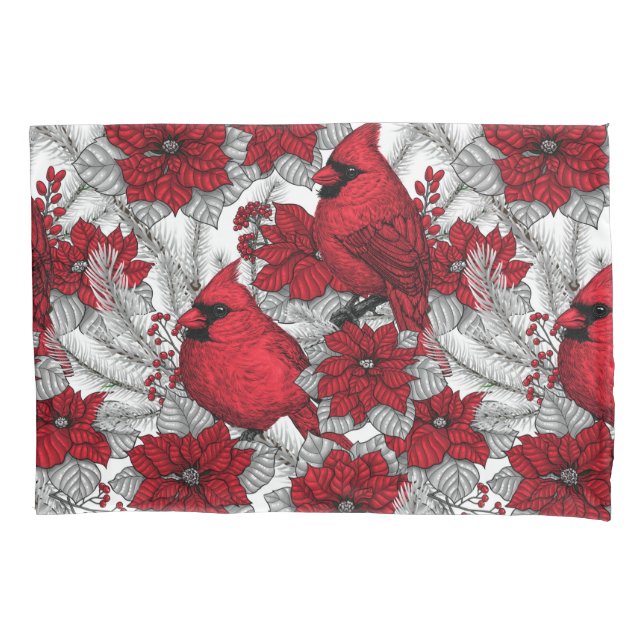 Funda De Cojín Cardenales y poinsettia en rojo y blanco (Anverso-izquierdo)