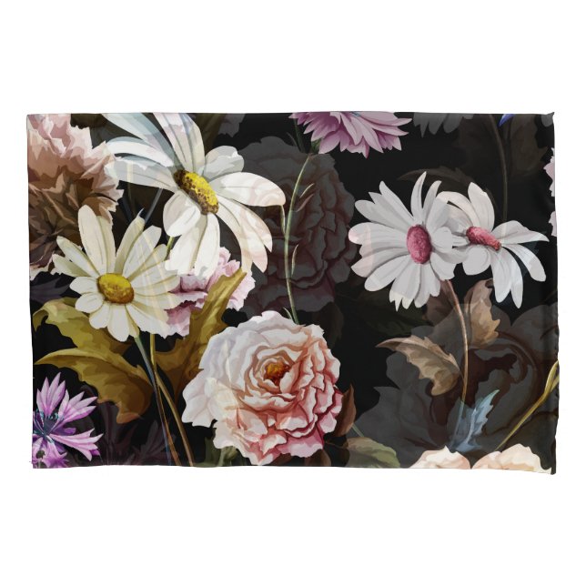 Funda De Cojín Carnación, flores de camomila, patrón negro. (Anverso)