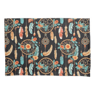 Funda De Cojín Cazador de sueños floral oscuro pluma naranja teal