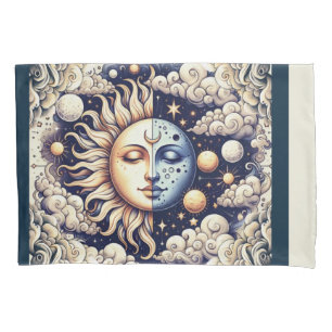 Funda De Cojín Celestial Vintage Medio Sol y Luna Azul Amarillo