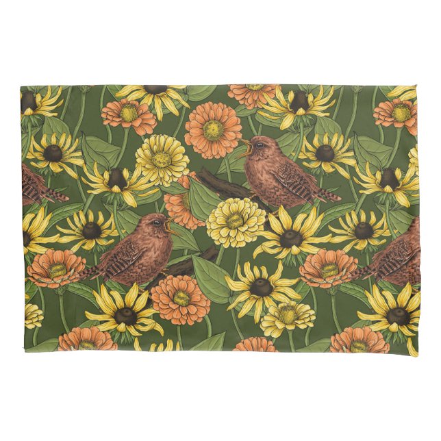 Funda De Cojín Cercetas y flores sobre verde (Anverso-izquierdo)