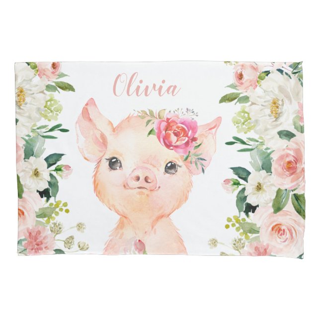 Funda De Cojín Cerdo con flores rosas Rubor (Anverso)