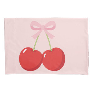 Funda De Cojín Cerezas Rojas con Lazo Rosa Coquette Estilo Cottag