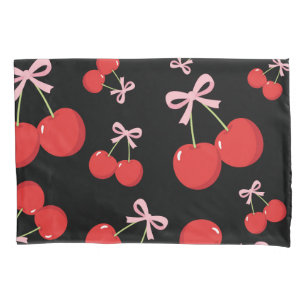 Funda De Cojín Cerezas Rojas con Lazo Rosa Coquette Estilo Cottag