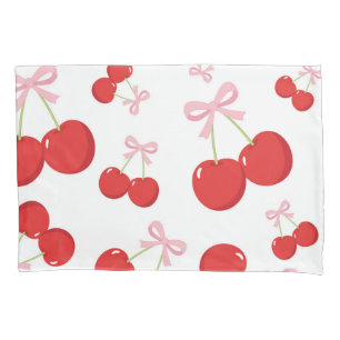 Funda De Cojín Cerezas Rojas con Lazo Rosa Coquette Estilo Cottag