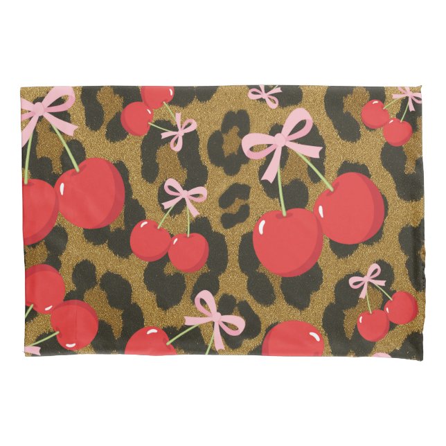 Funda De Cojín Cerezas Rojas con Lazo Rosa Estampado de Leopardo  (Anverso)