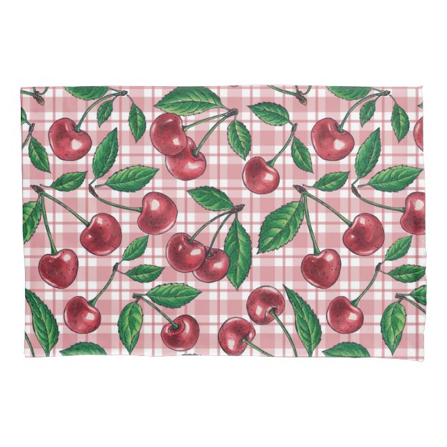 Funda De Cojín Cerezas rojas en gingham rosa (Anverso-izquierdo)