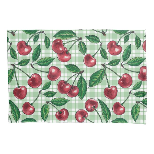 Funda De Cojín Cerezas rojas en gingham verde claro (Anverso-izquierdo)