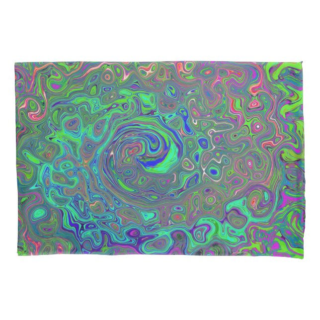 Funda De Cojín Chartreuse y Azul Retro Torbellino Líquido Psicodé (Anverso)