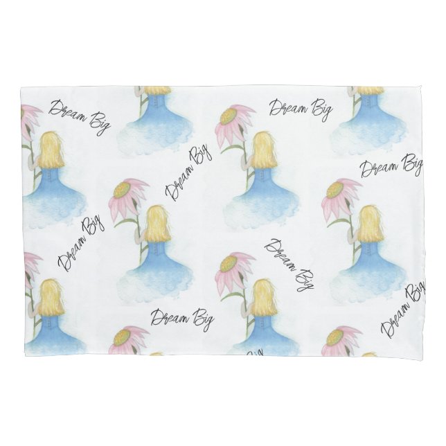 Funda De Cojín Chica soñadora sostiene flor gigante "Sueño grande (Anverso)