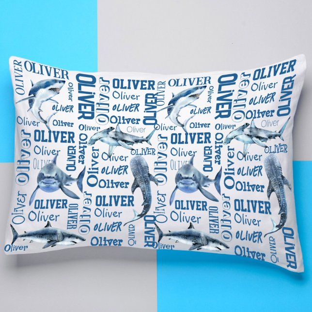 Funda De Cojín Chicos personalizados llaman almohada con tiburone (shark themed gifts for boys personalized name collage with sharks pillow case)