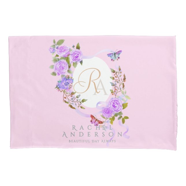 Funda De Cojín Cinta morada Rosa Monograma rosa (Anverso)