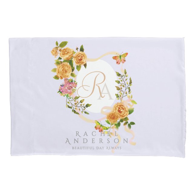 Funda De Cojín Cinta Rosa dorada monograma púrpura (Anverso)