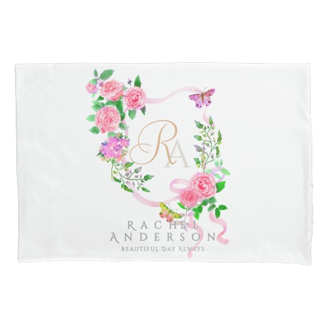 Funda De Cojín Cinta rosa rosa monograma blanco (Anverso)