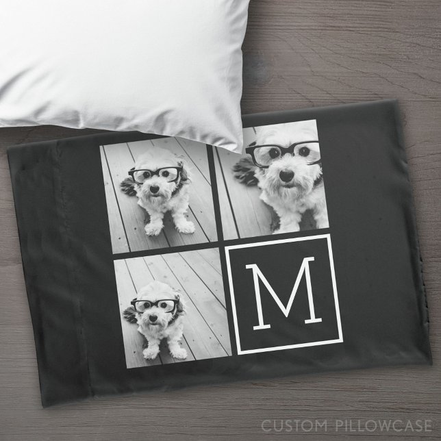Funda De Cojín Collage de fotos blanco y negro con monograma (Custom Pillowcase)