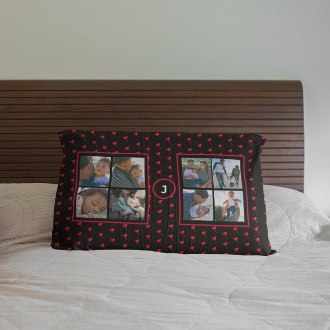 Funda De Cojín Collage de fotos Personalizado Familia Rojo Corazó (Personalized Photo Family Red Hearts Initial Black Pillow Case)