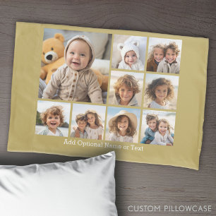 Funda De Cojín Collage de Gold 9 Photo Square - con texto blanco