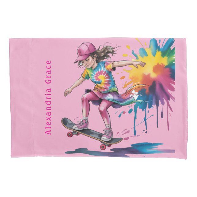 Funda De Cojín Colorful Painted Girl Skateboarder Birthday Gift (Anverso)