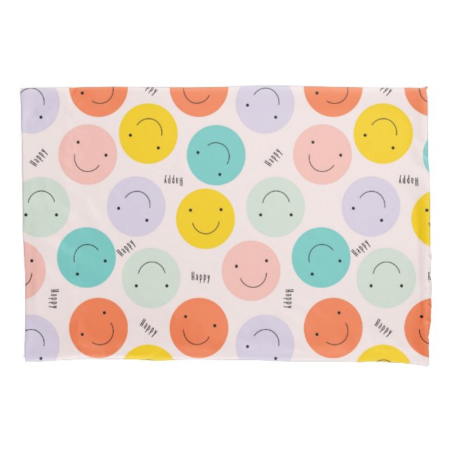 Funda De Cojín Colorido Patrón sonriente de cara feliz (Anverso)