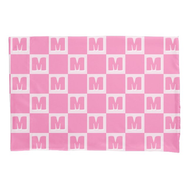 Funda de cojín con monograma a cuadros rosa de mod (Anverso)