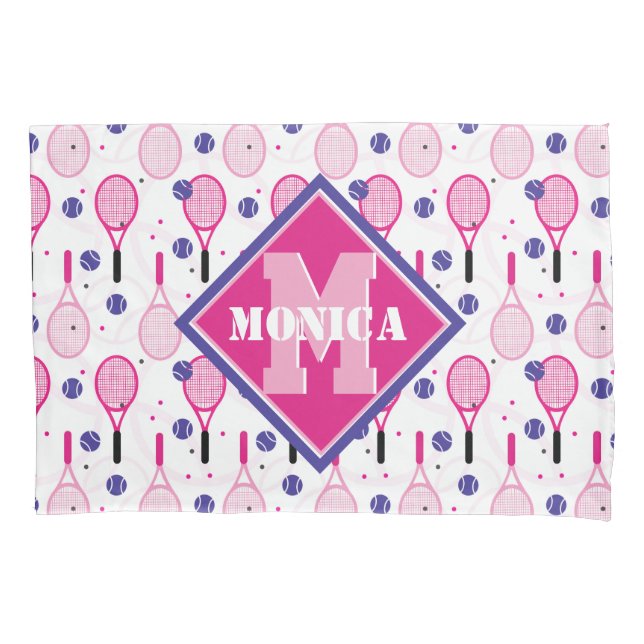 Funda De Cojín Con nombre e inicial, raquetas de tenis rosas y vi (Anverso)