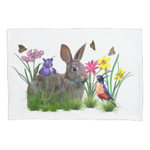 Funda De Cojín Conejo de conejito, petirrojo, y flores,
