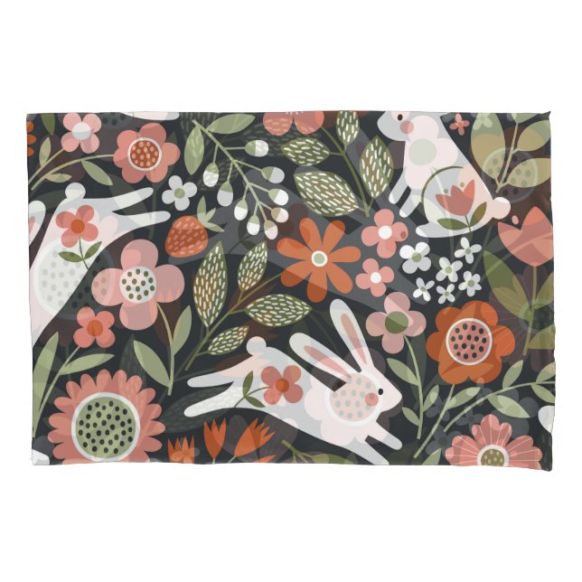 Funda De Cojín Conejos blancos, patrón de cosecha floral. (Anverso)