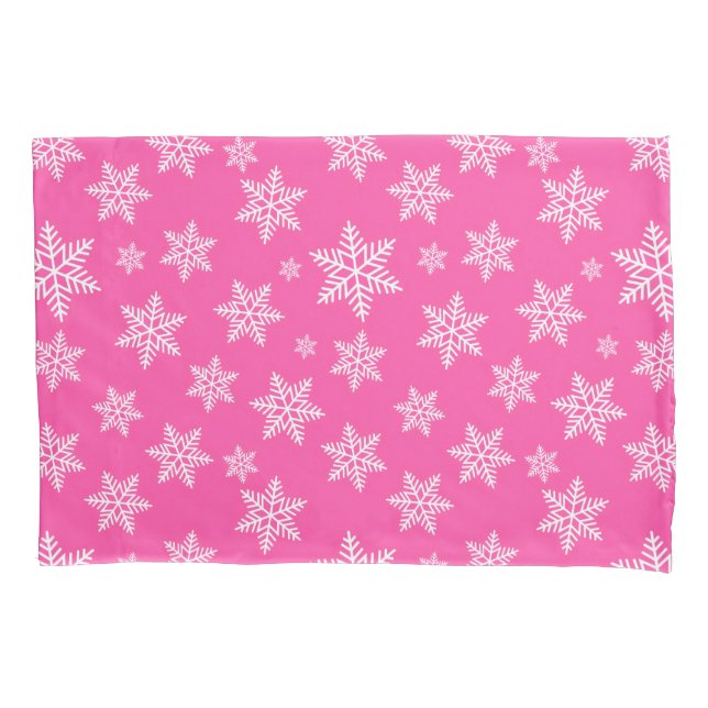 Funda De Cojín Copos de nieve blancos en el patrón invernal rosa (Anverso)