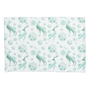 Funda De Cojín Copos de nieve metálicos verde azulados y renos